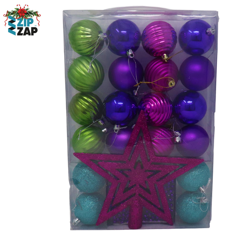 26 Piece Peacock Coloured Bauble Set & Tree Topper - zipzapproducts